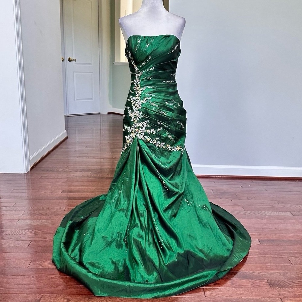 Vintage Aspeed Emerald Metallic Green Corset Back Embellished Gown Dress Small
